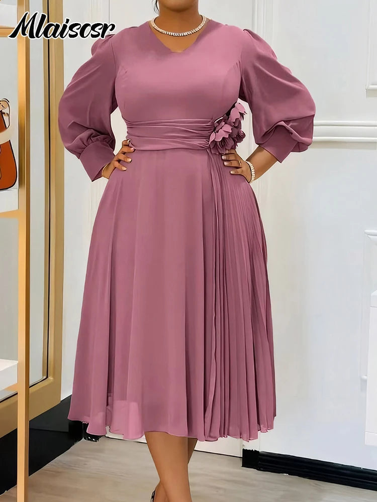 Maxy Elegant Pink A Line Loose Mid Dress for Women V Neck 3D Flower Design Puff Sleeve Office Evening Birthday dress