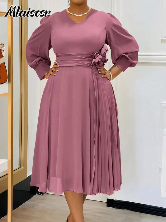 Maxy Elegant Pink A Line Loose Mid Dress for Women V Neck 3D Flower Design Puff Sleeve Office Evening Birthday dress
