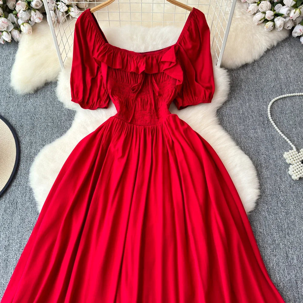 Babs Chic Elegant Square Collar Macy Dress Women Solid Short Puff Sleeve Dresses 2024 Korean Fashion Vintage Ruffle Vestidos