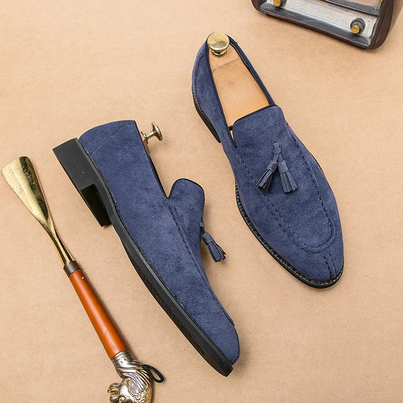 Visco Men's Loafers Brand Suede Leather Shoes Vintage Slip-on Classic Casual Men Driving Shoes Wedding Male Dress Shoes Tassel pointed