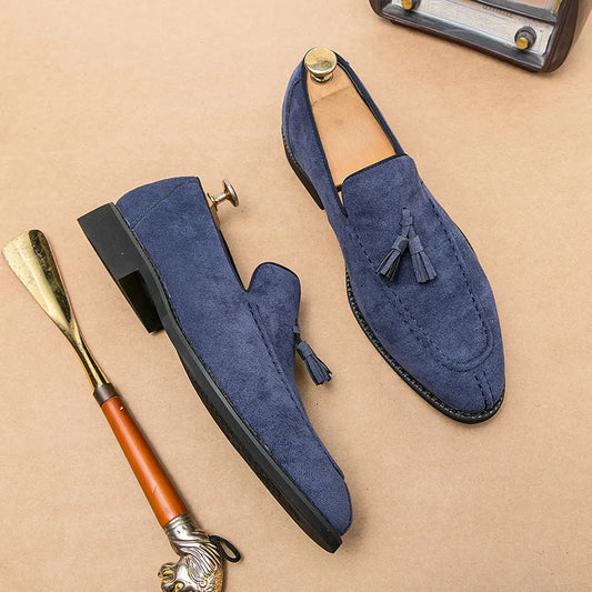 Visco Men's Loafers Brand Suede Leather Shoes Vintage Slip-on Classic Casual Men Driving Shoes Wedding Male Dress Shoes Tassel pointed
