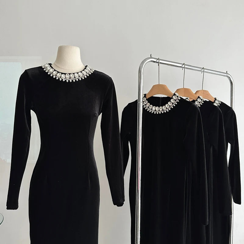 Babs New Design Elegant Black One-Piece A-Line Dress Office Lady Formal Occasion O-Neck Prom Gown Luxury Beading Pearl Sparkly Autumn