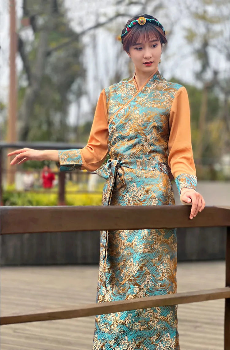 Summer Elegant Asian costume Tibetan Dress For Women Long Sleeve Traditional Ethnic clothing Oriental Ladies gown