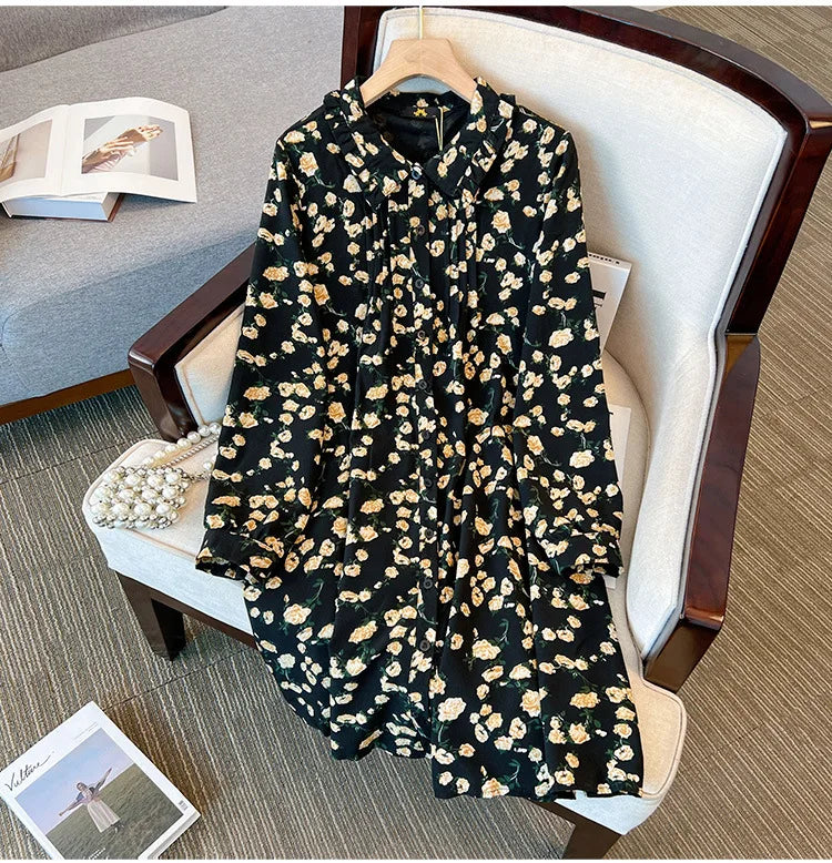 Momsey150Kg Plus size Women's Bust 150 Spring Autumn New Loose Long-Sleeved Lapel Floral Shirt-Dress Black 5XL 6XL 7XL 8XL 9XL