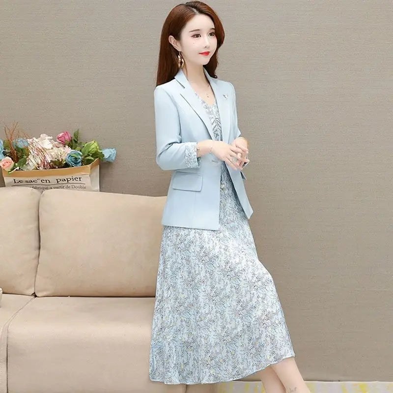 Maxy Women's Dress Set Spring Summer New Fashion Floral Suit Jacket+chiffon Skirt Two-piece Korean Casual Blazers Matching Sets