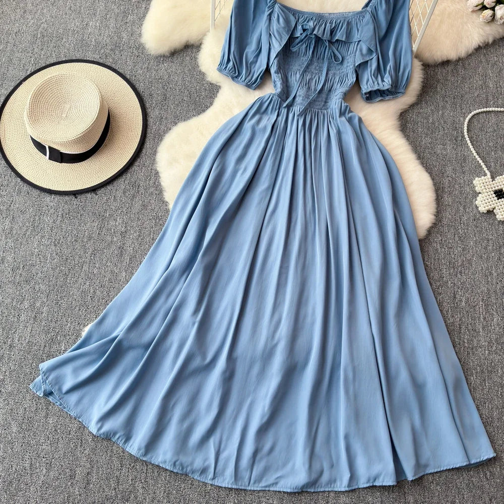 Babs Chic Elegant Square Collar Macy Dress Women Solid Short Puff Sleeve Dresses 2024 Korean Fashion Vintage Ruffle Vestidos