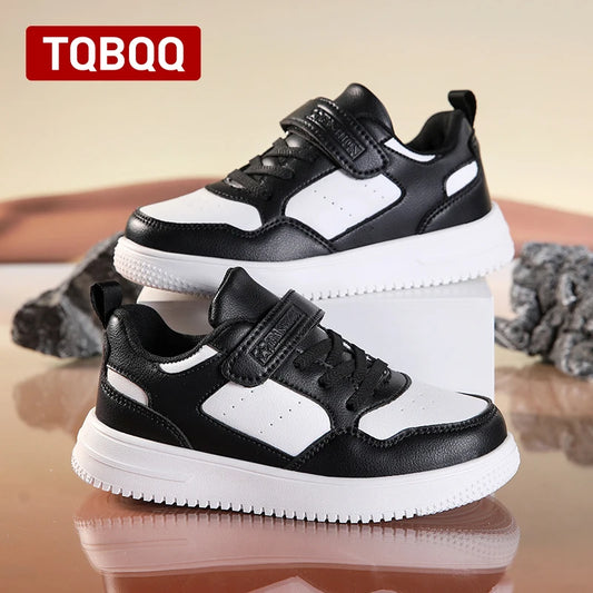 Babs Black White Color Flat Sneakers for Boy and Girl Casual Leather Sports Shoes Mesh Children Students Shoes