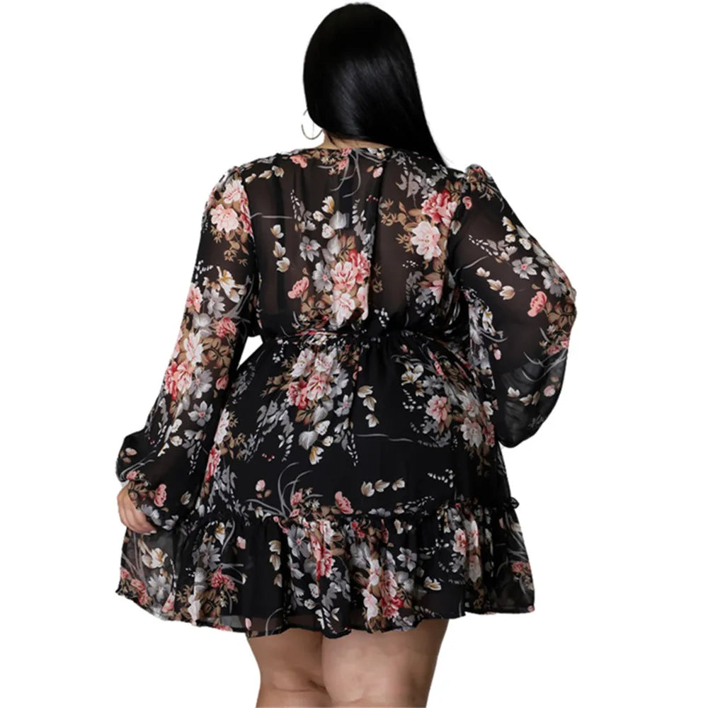 Maxy Dresses Women Plus Size 5xl Sexy Party Flower Print Mini Dress Loose Elegant Casual Outfits