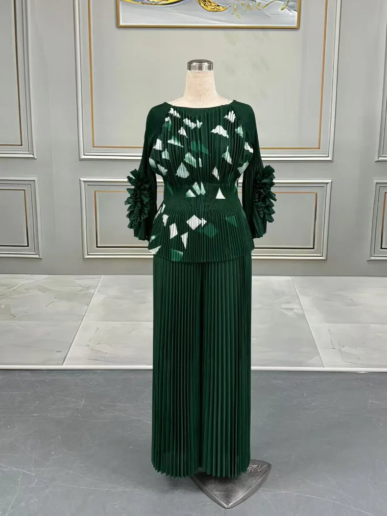 Maxy Pleated Print Pants Set Women O-Neck 3D Flowers T Shirt + Wide Leg Trousers Loose New 2025 Female Two Piece Sets