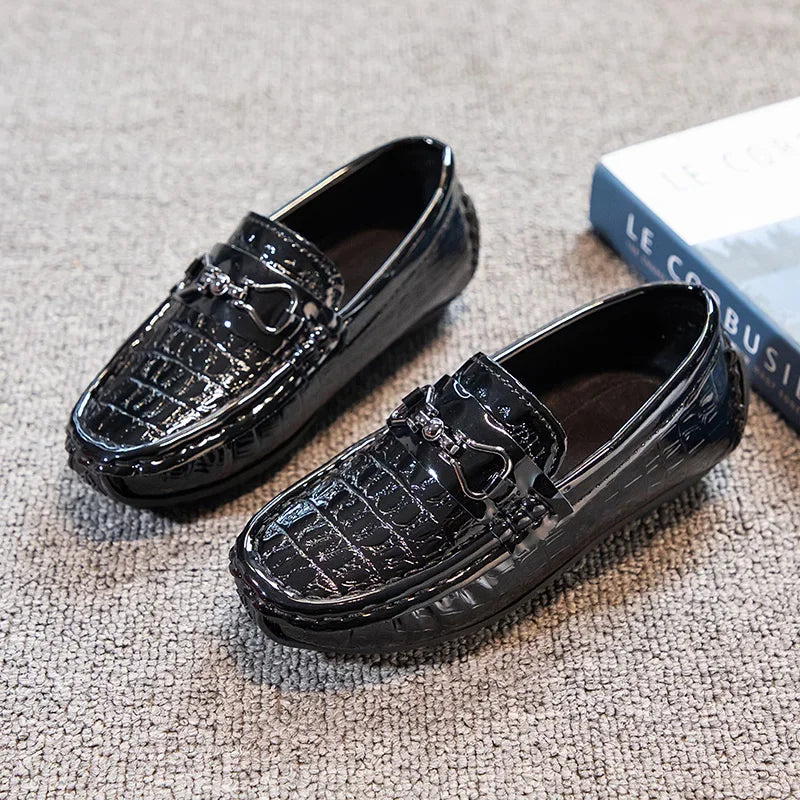 Visco Boys Leather Shoes Round-toe Flat Soft Kids Fashion Casual Loafers Glossy Metal Buckle Children Moccasins Non-slip Britain Style