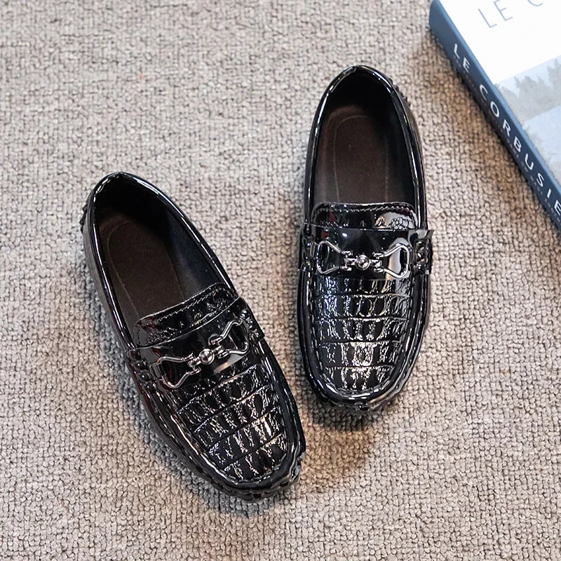 Visco Boys Leather Shoes Round-toe Flat Soft Kids Fashion Casual Loafers Glossy Metal Buckle Children Moccasins Non-slip Britain Style