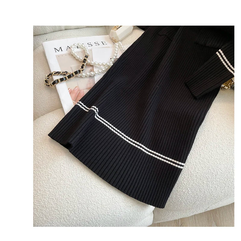 Maxy YuooMuoo Autumn Winter Women Knitted Dress Brand Fashion O-neck Buttons Bodycon Sweater Dress with Belt Lady Office Dress