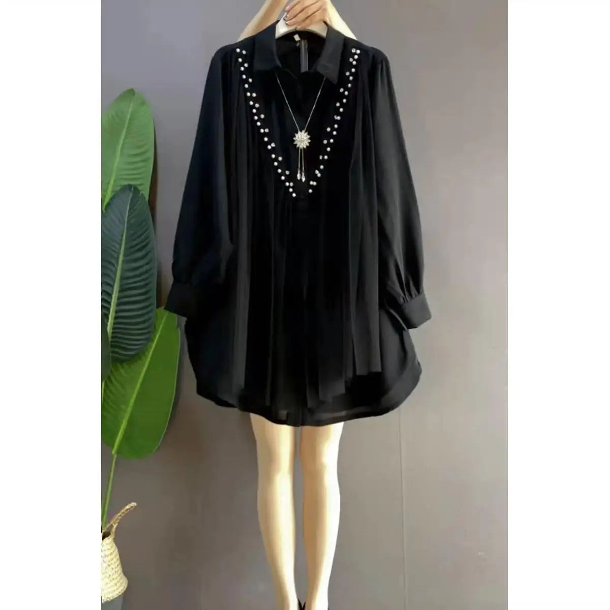 Maxy Plus Size Autumn New Pearl Inlaid V-neck Long Sleeved Chiffon Shirt Blouse Lace Long Top Loose-Fitting Clothing