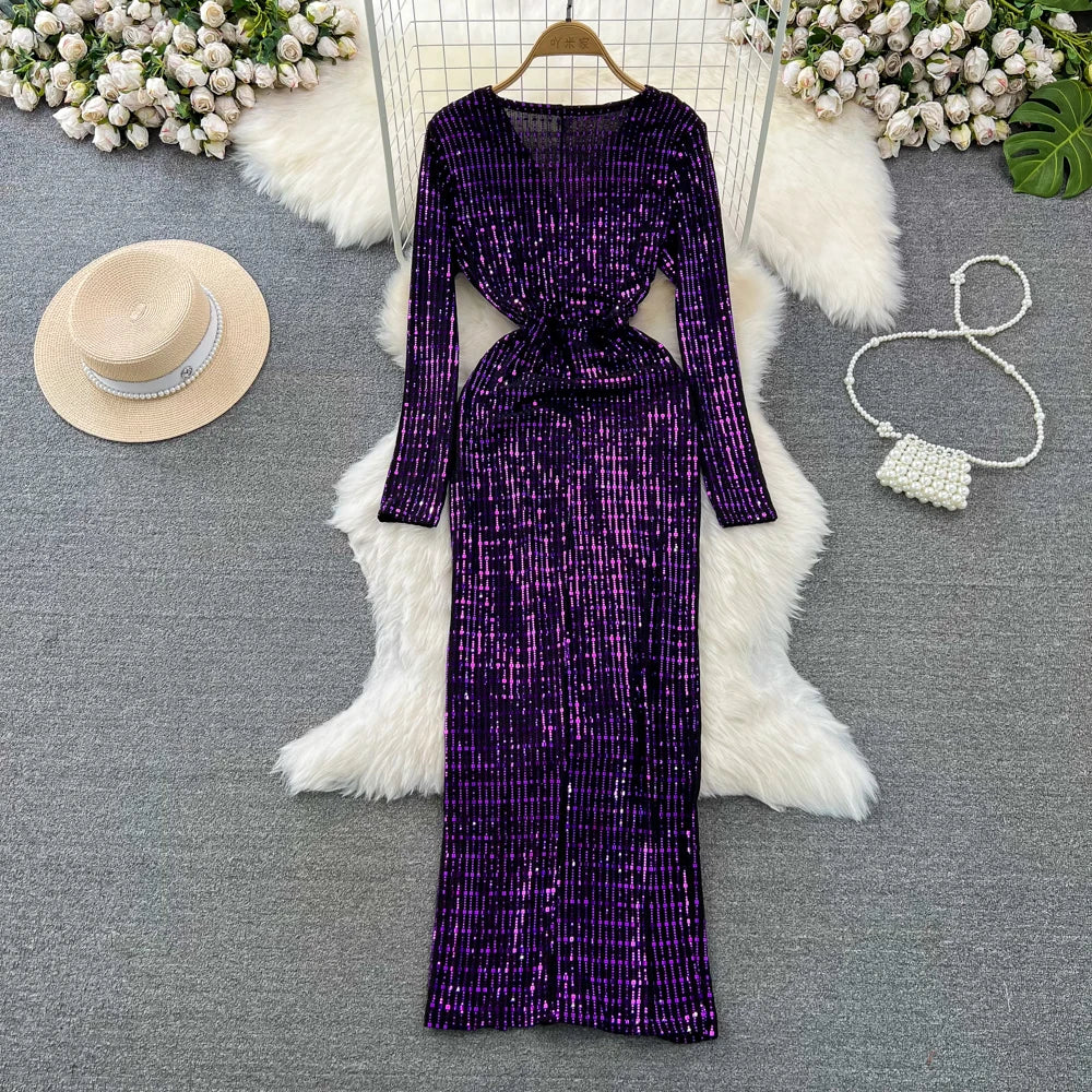 Babs Elegant Chic Y2K Women's Dress Long-sleeve V-neck Split Sequins Patchwork Hip Warp Dresses Autumn Winter