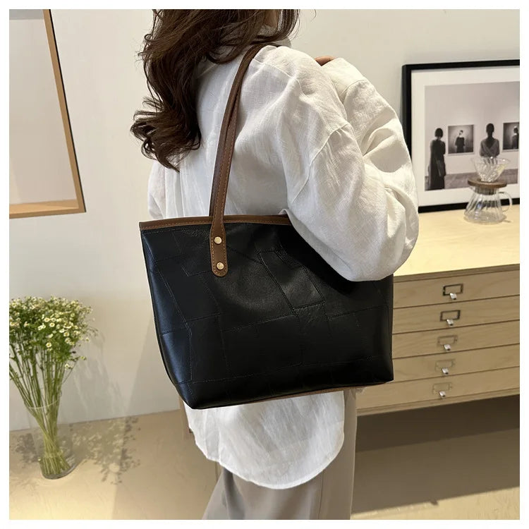 Maxy Vintage Patchwork PU Leather Casual Tote Bags for Women, Large Capacity Shoulder Bag Ladies Handbags And Purses