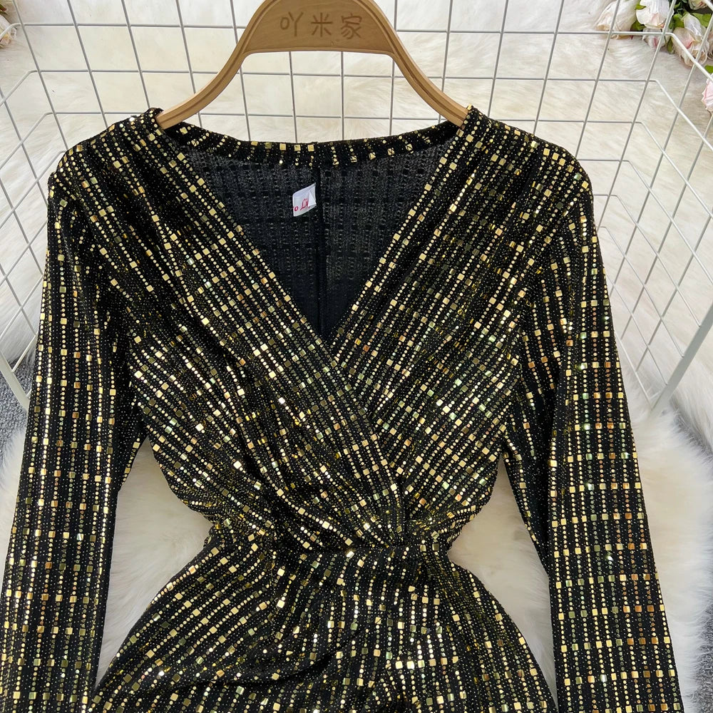 Babs Elegant Chic Y2K Women's Dress Long-sleeve V-neck Split Sequins Patchwork Hip Warp Dresses Autumn Winter