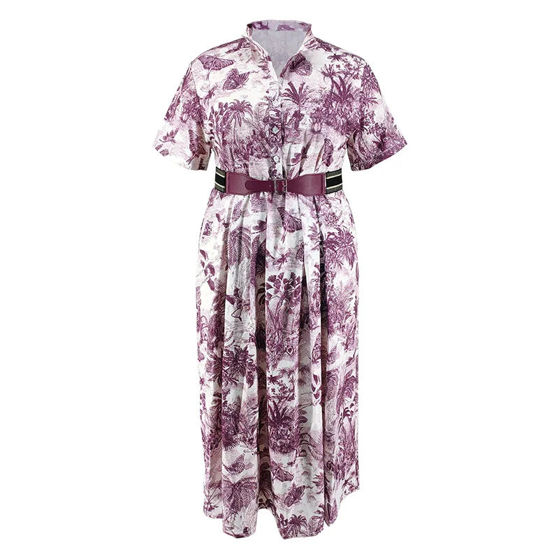 Amay Women Elegant Printed Party Dress Turn Down Collar Short Sleeve Pleated A-Line With Belt African Office Work Wear Plus Size 5XL