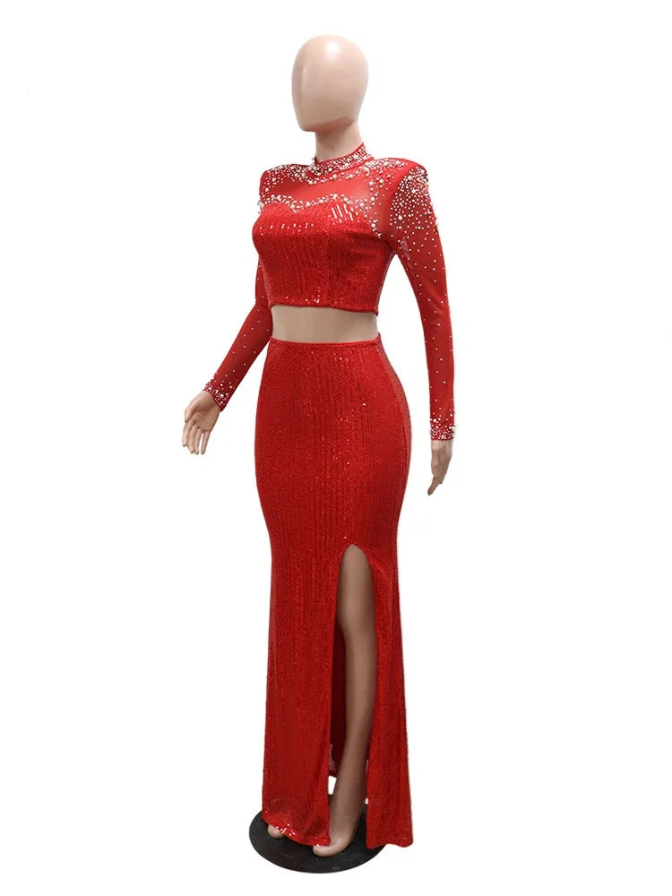 Macy Luxury Sequins Women 2 Piece Set Glitter Diamonds Cropped Tops High Slit Pencil Bodycon Skirts  Evening Party Dinner Suits.