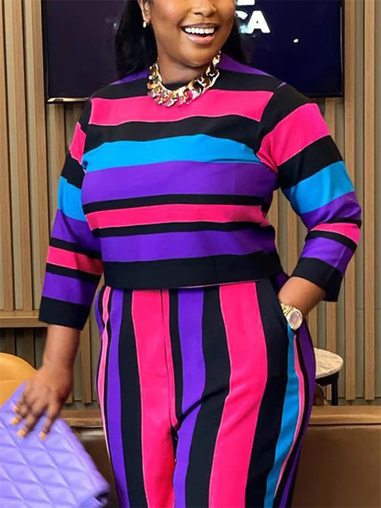 Maxy Plus Size Two Piece Women Clothing Long Sleeve Crop Top and Pants Sets Striped Matching Sets