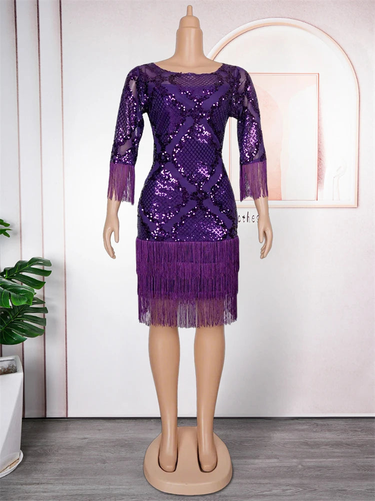 Babs Elegant Sequin Dresses for Women African Clothing Wedding Party Evening Gown Dashiki Tassel Bodycon Robe Dubai Turkey Dress