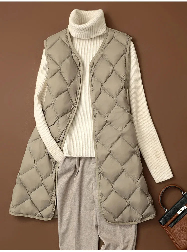 Maxy Plus Size Female Korean V-neck Casual Ultra-Light Vest Coat Autumn Winter Women X-Long White Duck Down Warm Sleeveless Jackets