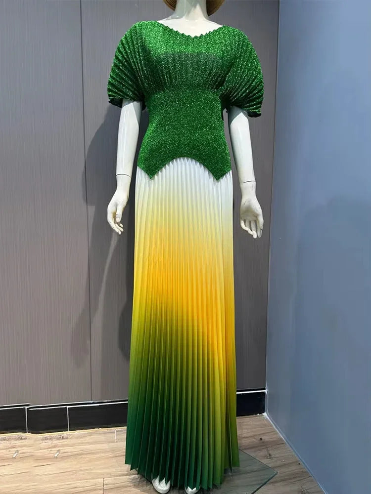Maxy Pleated 2 Pieces Set Women Fashion V Neck Short Batwing Sleeves Irregular Hem T-shirt&New Gradient A-line Folds Long Skirt