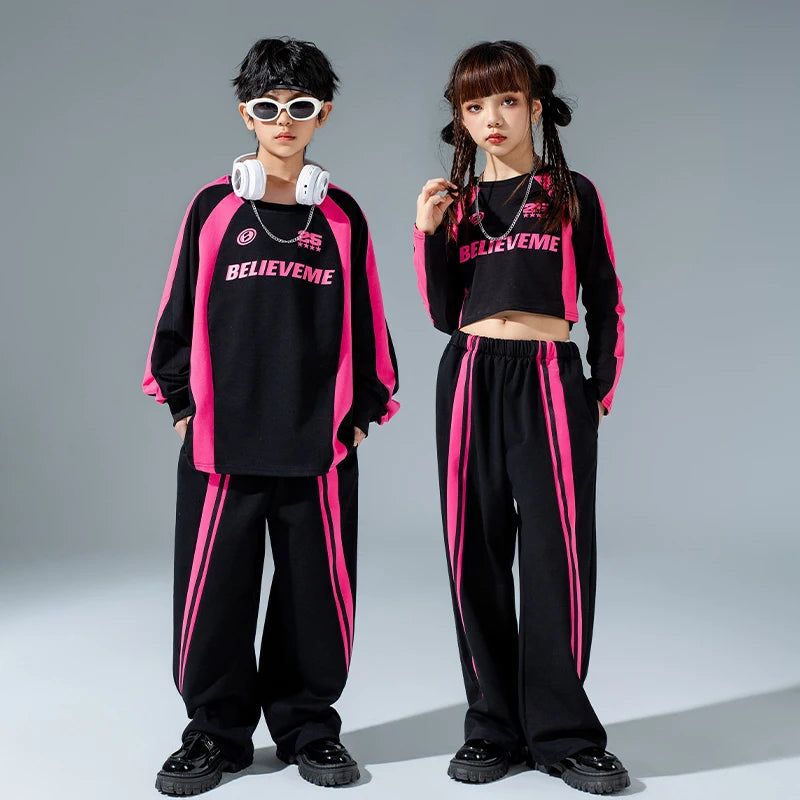 Maxy Hip Hop Dance Clothes Girls Crop Tops Sweatpants Boys Long Sleeves T Shirt Teen Kids Performance Costume Kpop Outfits BL12188