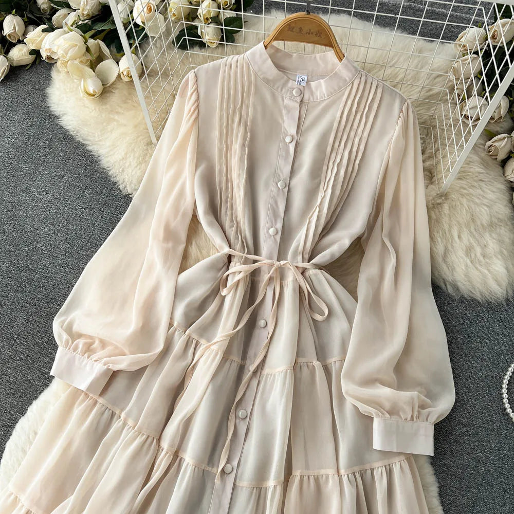 Maxy Spring Autumn Women Purple/Yellow/Blue Draped Chiffon Midi Dress Elegant Stand Collar Single Breasted Lantern Sleeve dress