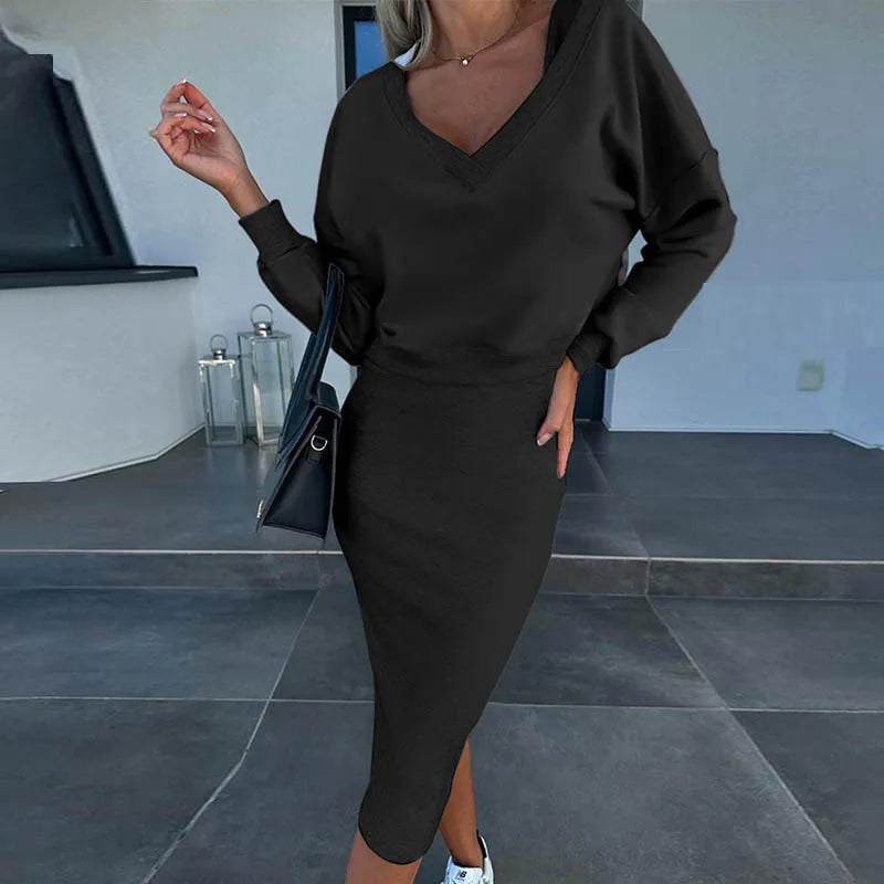 Women Autumn Two Piece Sets Dress Elegant Sexy V Neck Long Sleeve Sweatshirts And Long Dress Female solid color outfit set