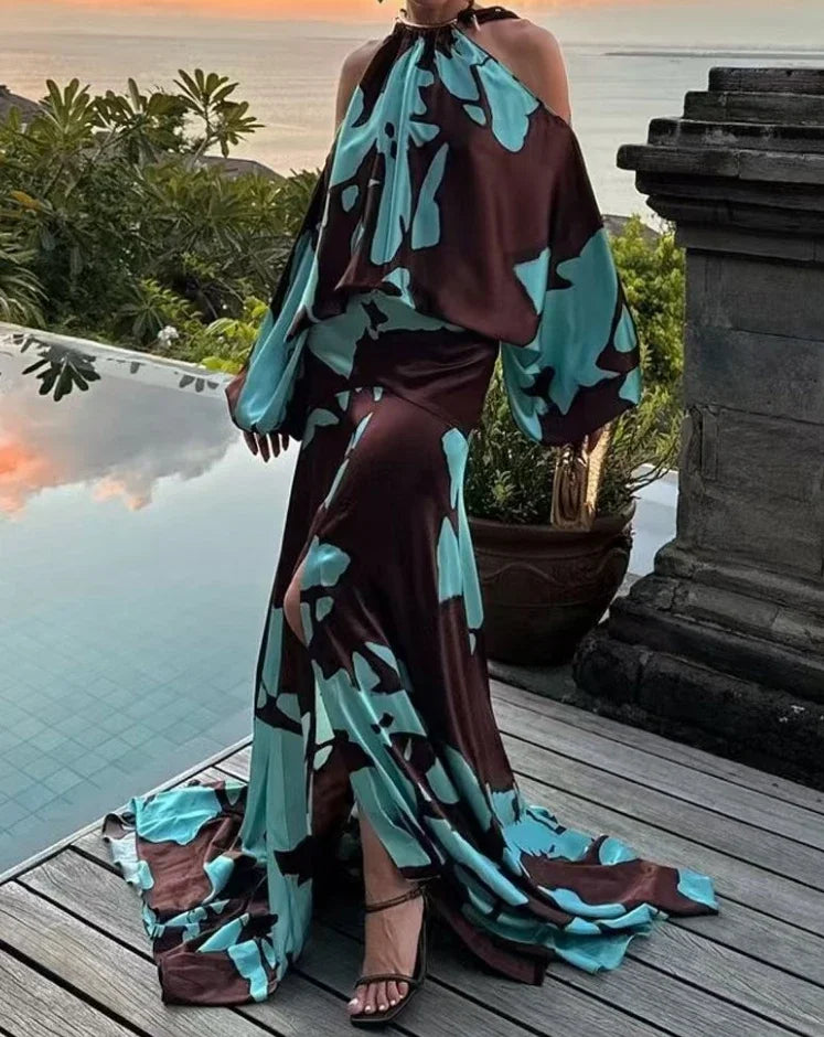 Maxy Evening Dresses Vacation Style Elegant Socialite Printed Off Shoulder Slit Dress