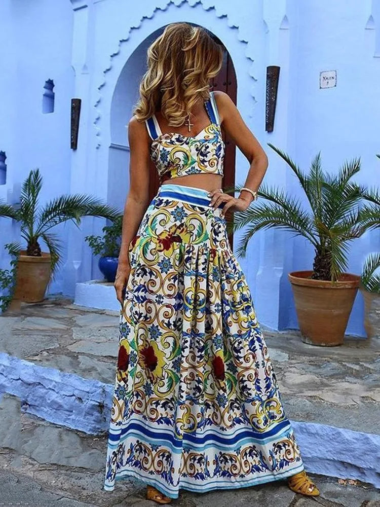 Babs Style Print Skirt Two Piece Set For Women Sexy Crop Camisole Casual Beach Holiday A-line Skirts 2 Piece Sets Female New