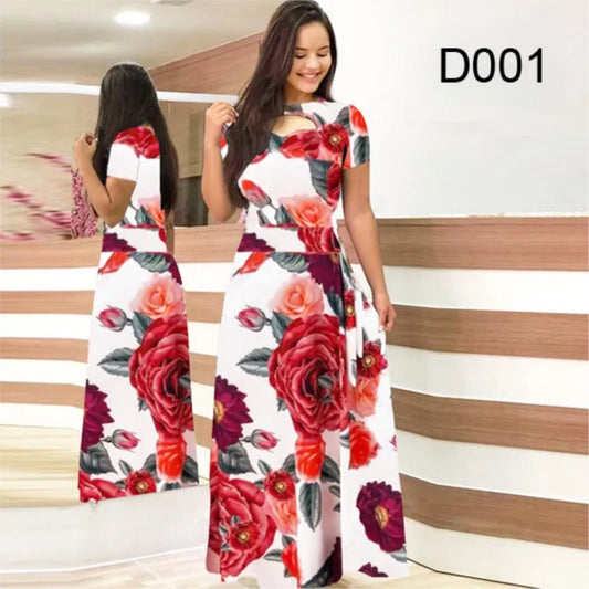 Babs Elegant Spring Women's Dress Casual Fashion Floral Print Short Sleeve Super Long Dress New Fashion Hollow Out Long Dresses