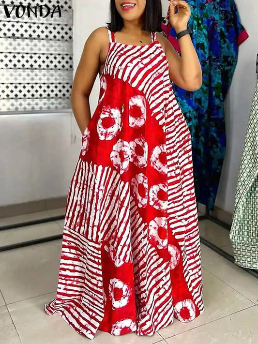 Maxy Plus Size 5XL VONDA Bohemian Printed Maxy Dress Summer Sleeveless Party Beach Sundress Tank Long Casual Loose Robe