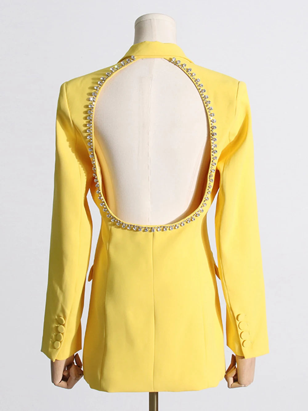 Maxy Fashion Yellow Sexy Diamond Backless design Blazers for Women Slim Long Jackets 2024 New Office Ladies Outerwear