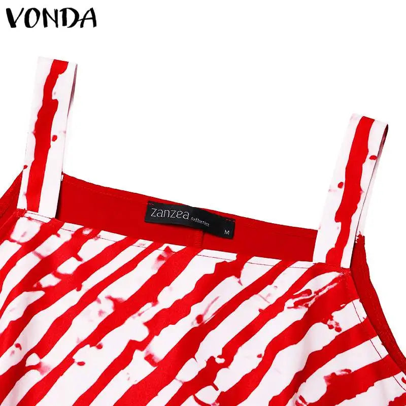 Maxy Plus Size 5XL VONDA Bohemian Printed Maxy Dress Summer Sleeveless Party Beach Sundress Tank Long Casual Loose Robe