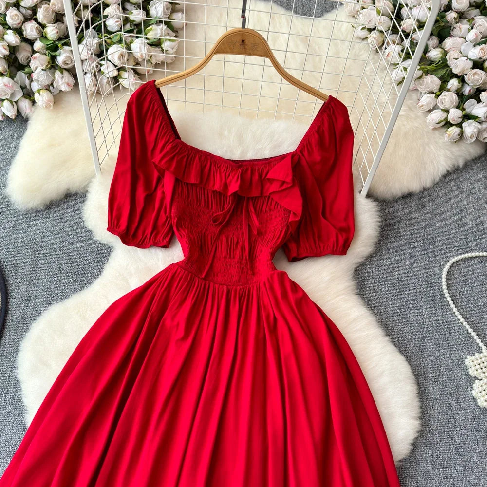 Babs Chic Elegant Square Collar Macy Dress Women Solid Short Puff Sleeve Dresses 2024 Korean Fashion Vintage Ruffle Vestidos