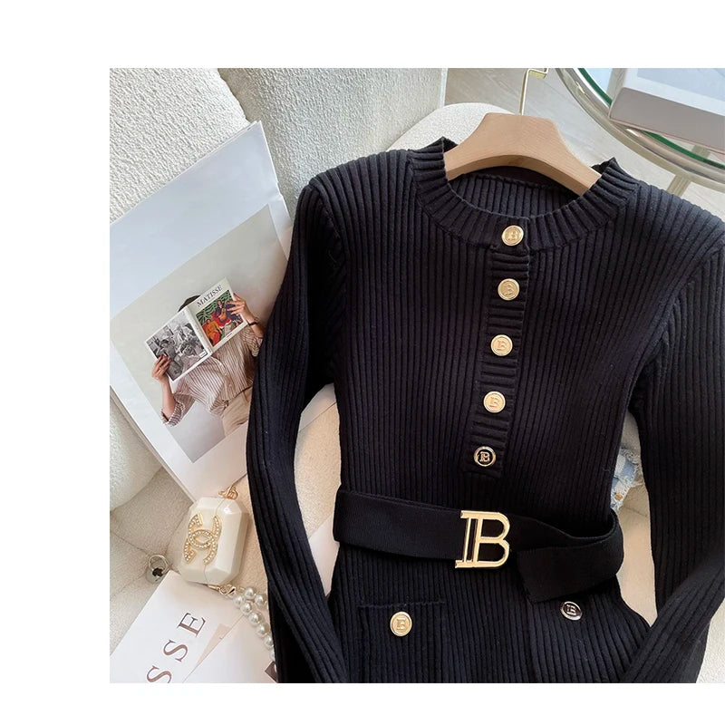 Maxy YuooMuoo Autumn Winter Women Knitted Dress Brand Fashion O-neck Buttons Bodycon Sweater Dress with Belt Lady Office Dress