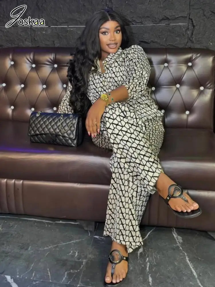 Maxy Print 2 Piece Sets Women Hipster Lapel Full Sleeve Oversized Blouse and Wide Leg Pants Matching Y2K Streetwear