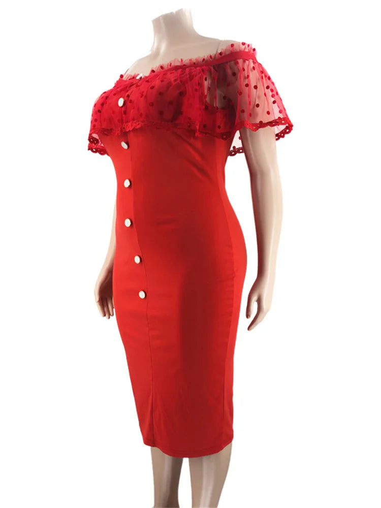 Maxy Plus Size Party Dress Women Clothing Solid Mesh Patchwork Off Shoulder Dress Fashion Outfits