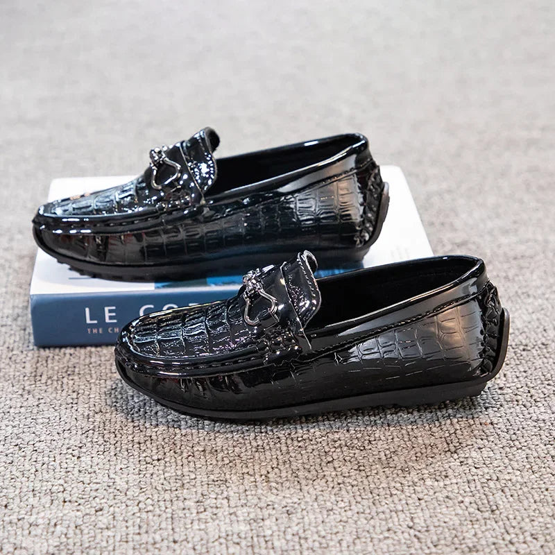 Visco Boys Leather Shoes Round-toe Flat Soft Kids Fashion Casual Loafers Glossy Metal Buckle Children Moccasins Non-slip Britain Style