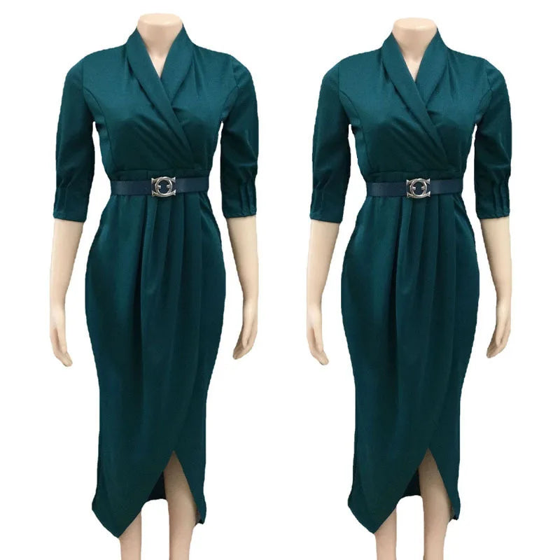 Maxy Elegant Office Ladies Dresses Women Fall Clothes Plus Size Long Sleeve Slim 3XL Dresses With Belt