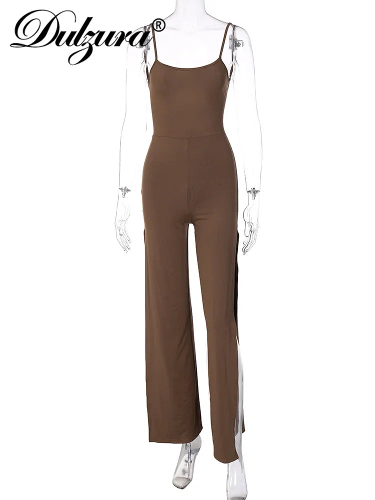 Maxy Summer Women Sexy Y2K Lace Up Backless Strap Rompers Slit Wide Leg Jumpsuit Outfits Vacation Streetwear Overalls