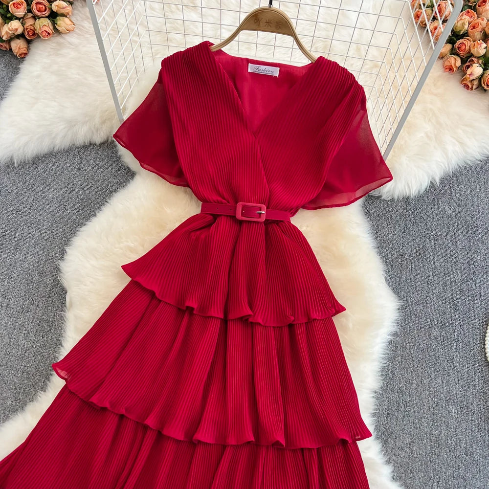 Babs Summer Beach Long Dress Women Elegant V-Neck Short Sleeve Cascading Ruffles Big Swing Female Red/Green/Pink Maxy Robe