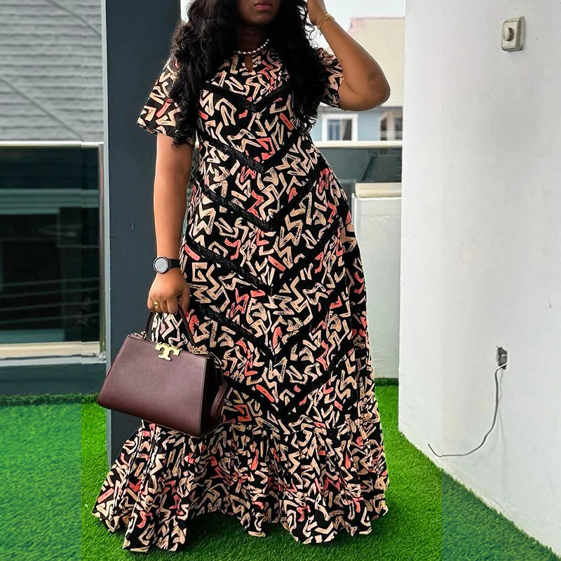 Maxy Summer Vintage Bohemian Dress Women Short Sleeve Printed Party Vestidos Casual Ruffled Long Robe V-Neck Vestidos