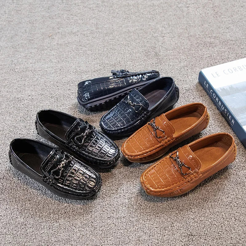 Visco Boys Leather Shoes Round-toe Flat Soft Kids Fashion Casual Loafers Glossy Metal Buckle Children Moccasins Non-slip Britain Style