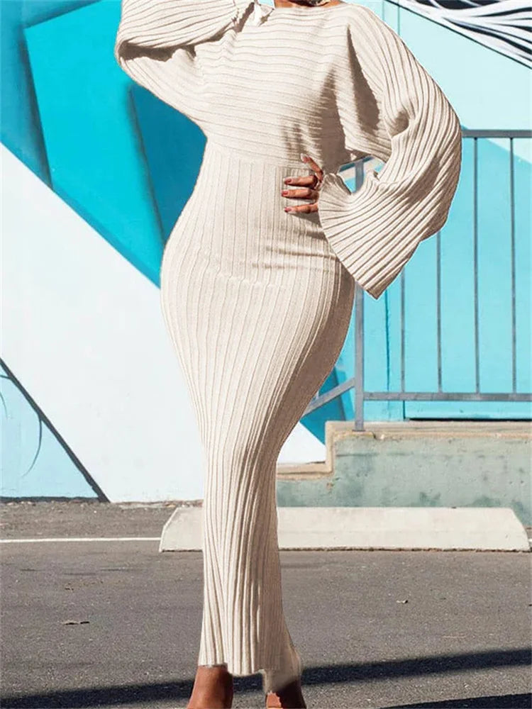 Maxy Women Dress Sexy Slim Fit O-Neck Long Sleeve Cocktail Party Elegant Ribbed Solid Color Hip Wrap Knitted Long Dresses Gown
