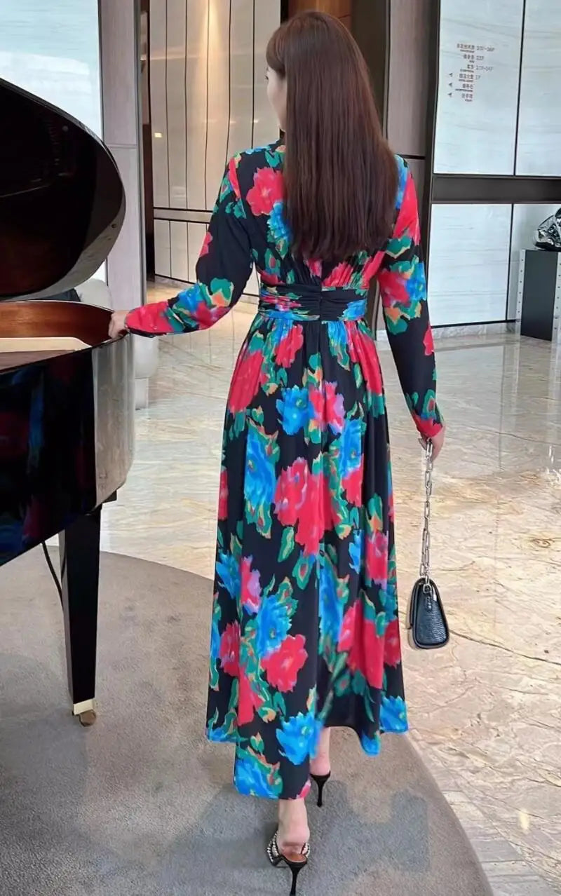 Macy Princess Kate Dress 2024 Women Casual Dress Long Sleeves V-Neck Floral Print Elegant Long Party Dresses