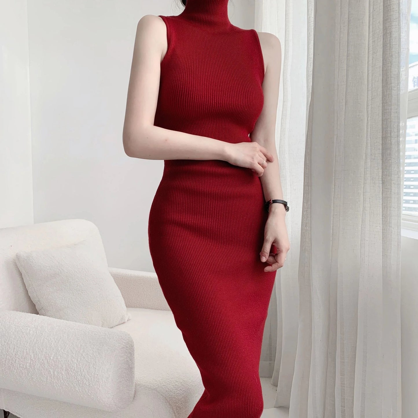 Maxy WOMEN GAGA French Turtleneck Sleeveless Knitted Dress Women Autumn Slim High Waist Mid Length Slim Hip Wrap Dresses Tops DH8G