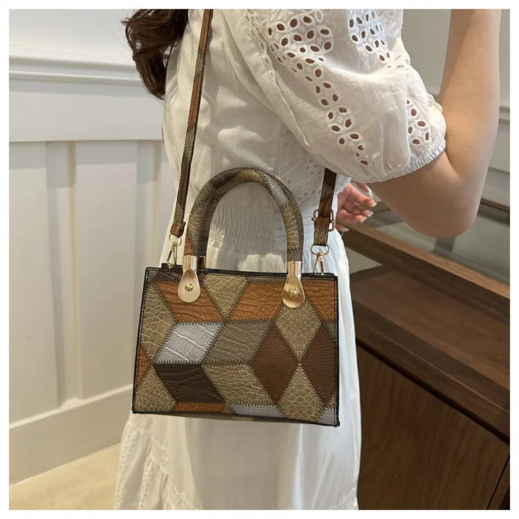 Maxy Fashion Patchwork Leather PU Top-handle Bags For Women, Square Design Ladies Handbags Crossbody Shoulder Bags For Daily Used