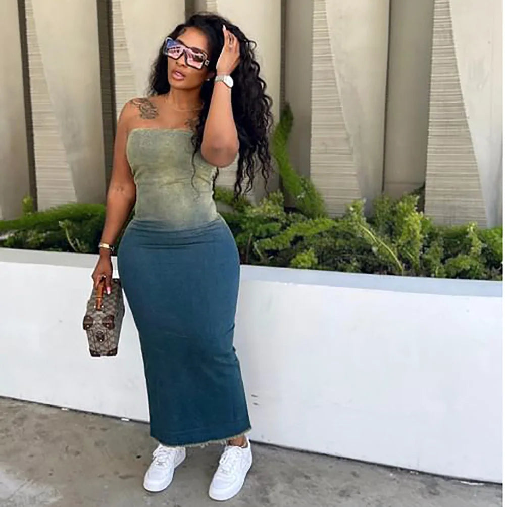 Maxy Summer Gradient Women's Denim Dress Fashion Corset Sleeveless Sexy Backless Slim Women's Slit Long Dresses Stretch Jeans